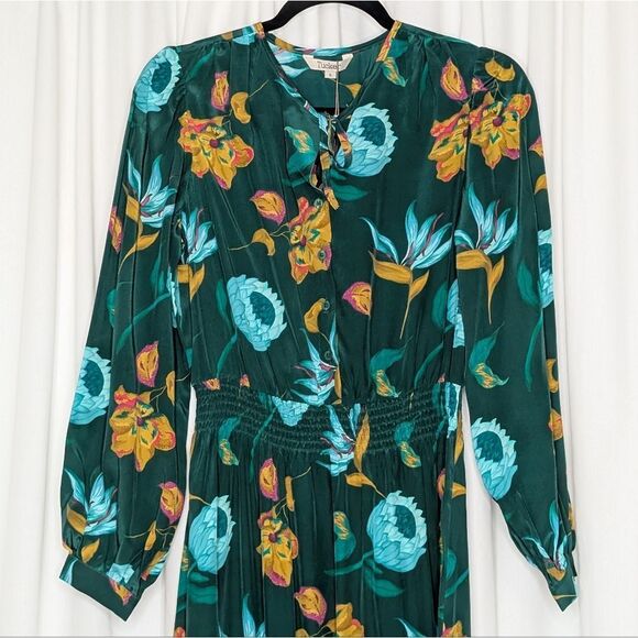 Tucker Juliette Dress Teal Tropics in Crepe de Chine Silk Midi Floral - Picture 1 of 11